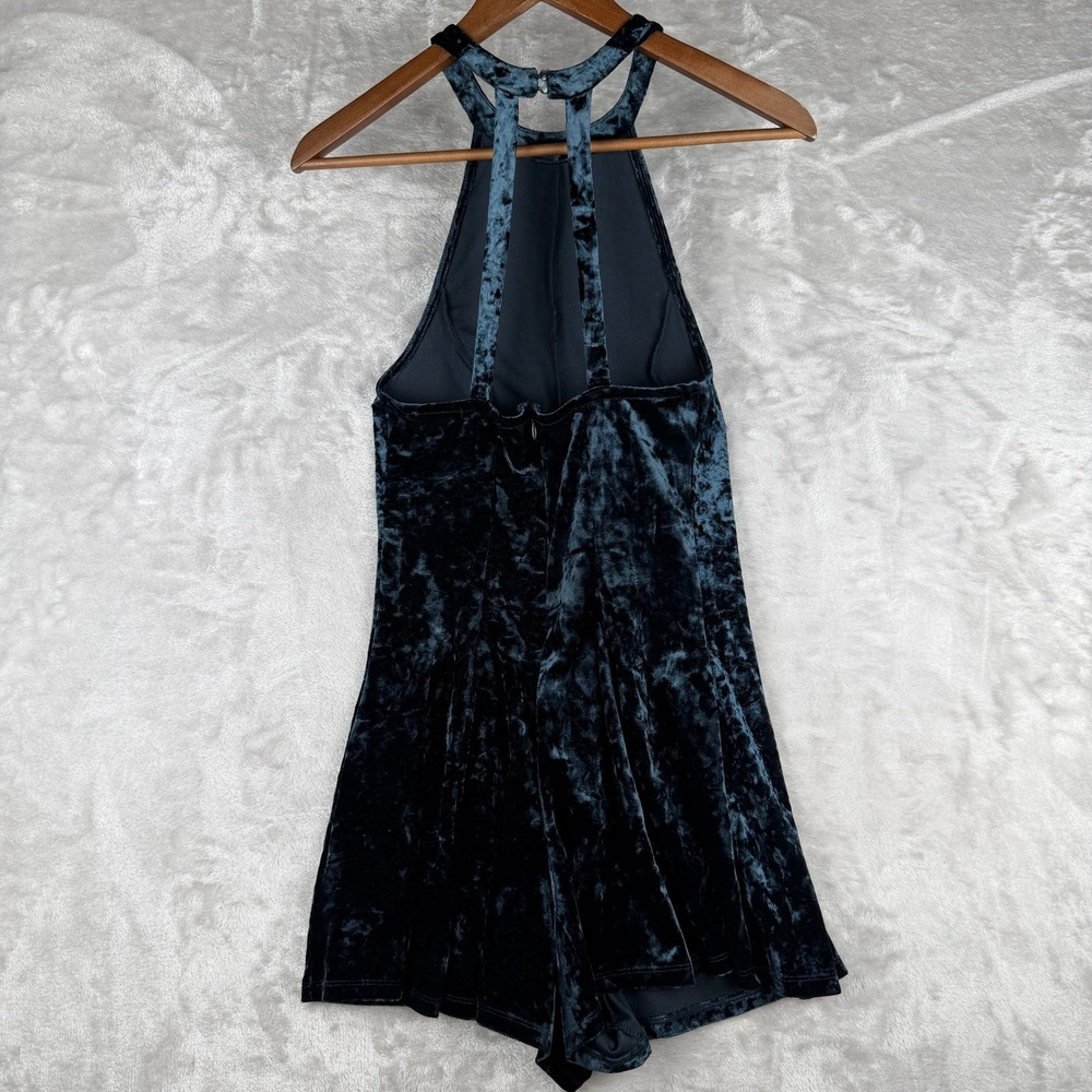 y2k streetcore 90's Velvet Halter Neck Romper Teal‎ Velvet Mini Jumpsuit Women